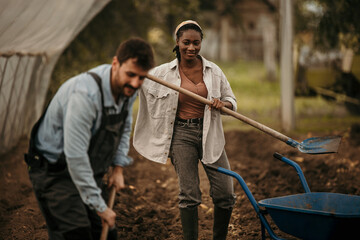Man and woman in 20s and 30s pausing to discuss progress and compost in smallholding vegetable...