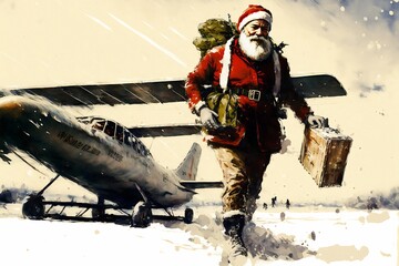 Naklejka premium Santa Claus leaves the apron of the airport,biplane in the background.Carries a backpack with Christmas gifts.In his hand he holds a travel case.Dressed in a winter outfit.Generative AI illustration