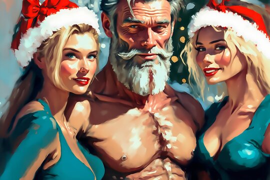 Handsome Macho Santa Claus accompanied by his female angels. Two beautiful light-haired models at Santa's side. Digital art. painting. Mature masculine man. Generative AI illustration 