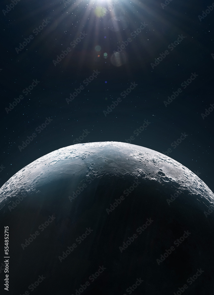 Poster Moon surface view from space. Sci-fi space collage. Lunar orbit. Flight to Moon. Elements of this image furnished by NASA
