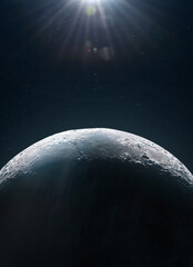 Moon surface view from space. Sci-fi space collage. Lunar orbit. Flight to Moon. Elements of this image furnished by NASA