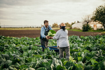 Shot of an attractive young female and male farmers in working clothes carrying a crate of fresh produce.