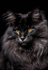 Portrait of a wonderful fluffy black smoke maine coon cat on a black background, AI generated image