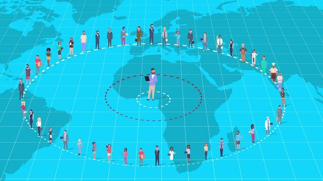 Group of Circular People Around one Business Man Influencer Standing Over World Map. Creative Concept of Global Leadership and International Teamwork, Public Speaker or Professional Leader. 4K Video  