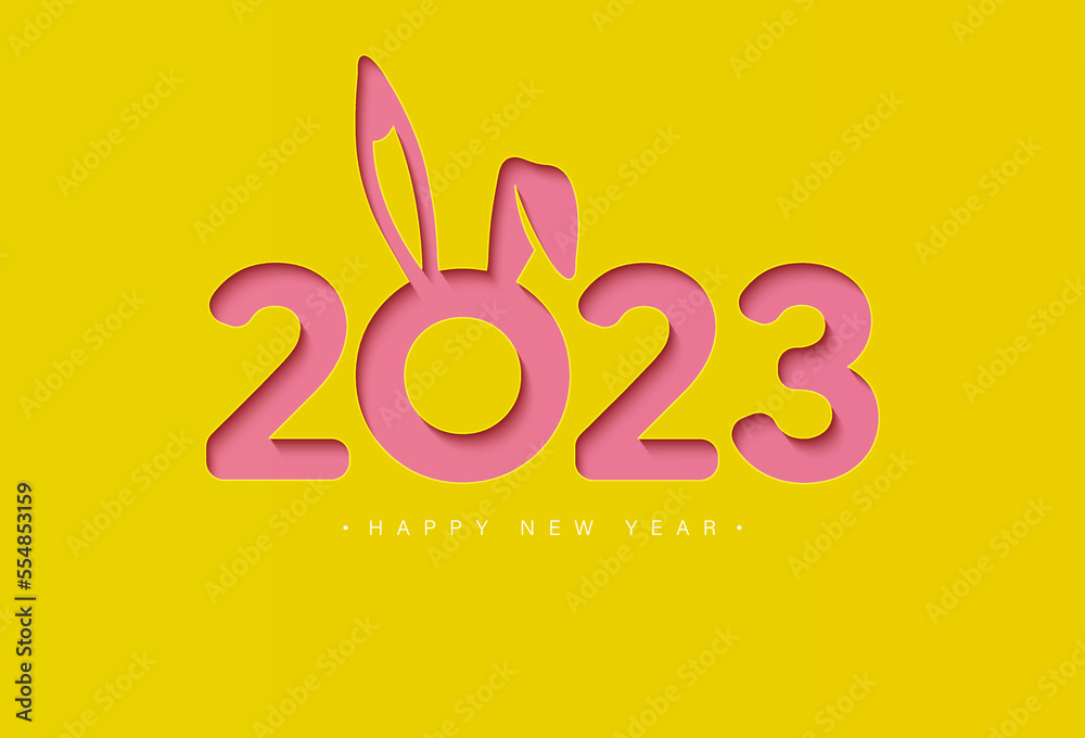 Wall mural Happy New Year 2023 text design with cute rabbit ears. Paper cut style. Modern greeting card template. Suit for poster, cover, banner, brochure, website, flyer. Vector illustration - Wall murals