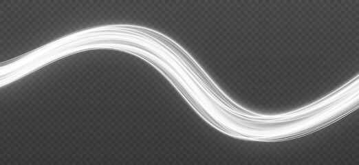 Wavy glowing bright flowing curve lines. Shimmering white waves with light effect isolated on black background. Speed of light concept background.