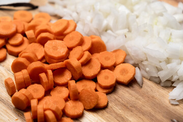 Chopped carrots and onions. Preparation for cooking.