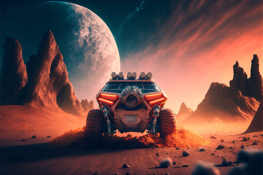 Car riding on Mars with planet on the background