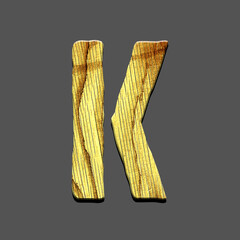Letter K. Alphabet made of letters, made of wood. Isolated on grey background. Education. Design