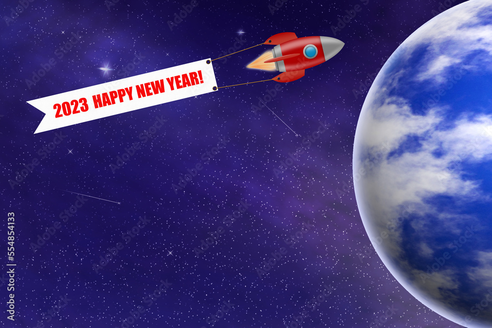 Wall mural Abstract Christmas background with a planet in the space sky and a rocket with a Happy New Year 2023 banner. 3D illustration. Abstract holiday background.