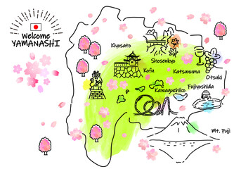 Fototapeta na wymiar 春の山梨の観光地のシンプル線画イラストマップ（緑）