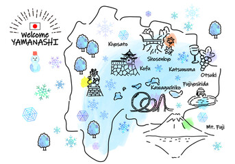 冬の山梨県の観光地のシンプル線画イラストマップ