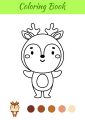 Coloring page happy deer. Coloring book for kids. Educational activity for preschool years kids and toddlers with cute animal. Vector illustration