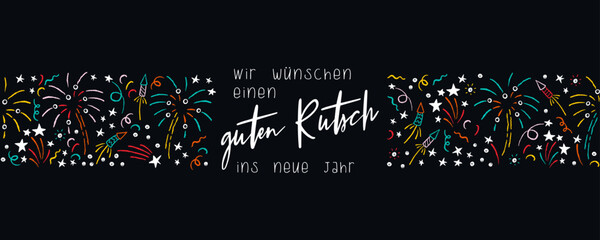 Fototapeta premium Cute hand drawn New Years banner with fireworks and German type saying 