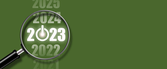 2021, 2022, 2023, 2024, 2024 neon glowing numbers on a green background. Magnifying glass.3D...