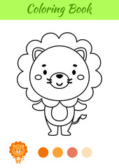 Coloring page happy lion. Coloring book for kids. Educational activity for preschool years kids and toddlers with cute animal. Vector illustration