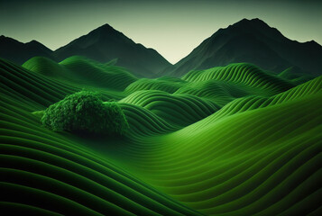 Surreal green landscape with hills and mountains,  Generative AI illustration