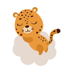 Cute little jaguar sleeping on cloud. Cartoon animal character for kids t-shirt, nursery decoration, baby shower, greeting cards, invitations, house interior. Vector stock illustration © Jexy