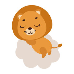 Cute little lion sleeping on cloud. Cartoon animal character for kids t-shirt, nursery decoration, baby shower, greeting cards, invitations, house interior. Vector stock illustration