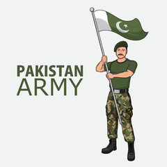 Pakistan Army soldier holding flag of Pakistan with pride vector illustration