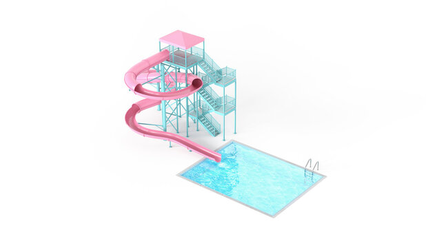 Blank pink waterslide with swimming pool mockup, top side view