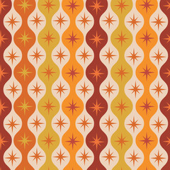 Mid century modern atomic starbursts on ogee ovals seamless pattern in orange, red, yellow and amber. For home decor, wallpaper and textile 