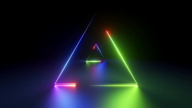 looping 3d animation, abstract geometric background with colorful glowing neon triangles appear