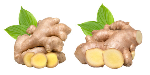 Close-up, Fresh ginger rhizome and sliced with green leaves isolated, transparent png, collection, PNG format, cut out.