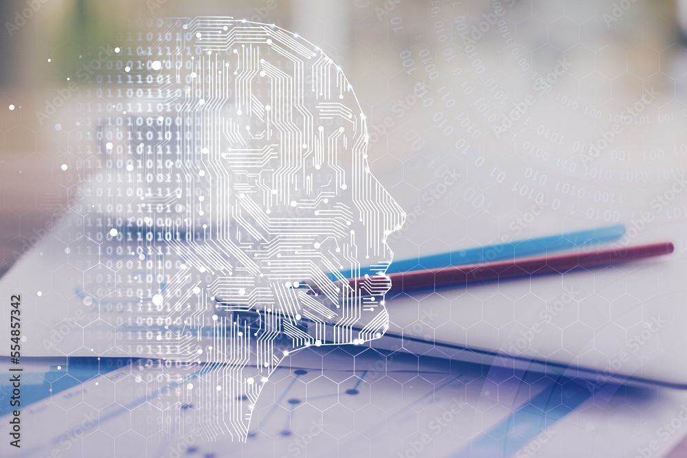 Poster Double exposure of desktop with computer and brain drawing hologram. Artificial intelligence concept.