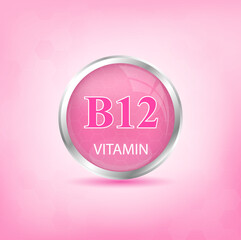 Vitamin B12 icon structure pink substance. Personal care, beauty concept. Medicine health symbol of thiamine. Drug business concept. Vector Illustration. 3D Vitamin complex with chemical formula.	