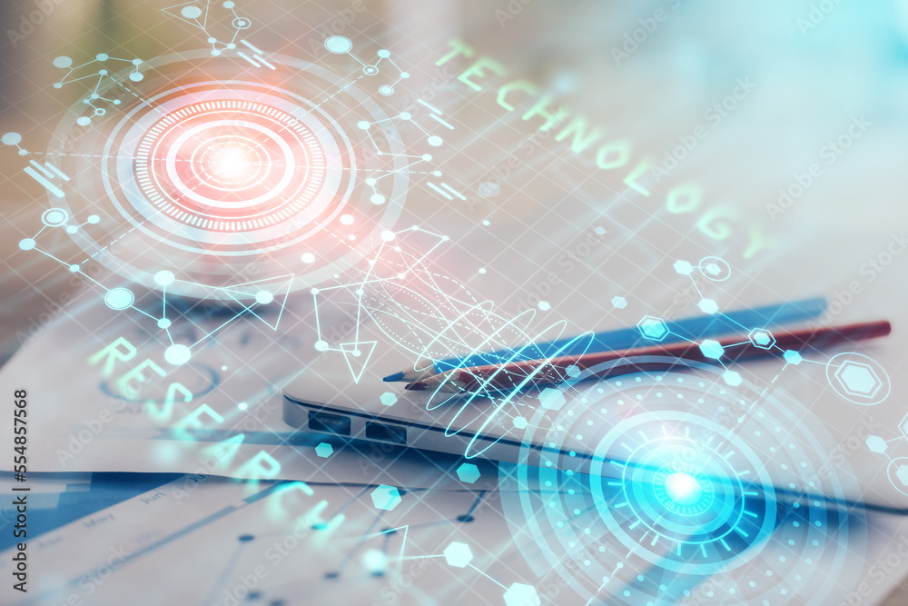 Aufkleber Double exposure of table with computer on background and data theme hologram. Data technology concept.