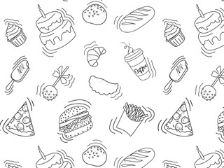 fast food doodle pattern, background with food icons. collection for food store, poster, banner with white background and black lines