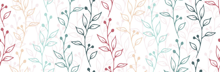 Berry bush twigs organic vector seamless ornament. Cute floral fabric print. Meadow plants foliage and blossom illustration. Berry bush branches flat endless background