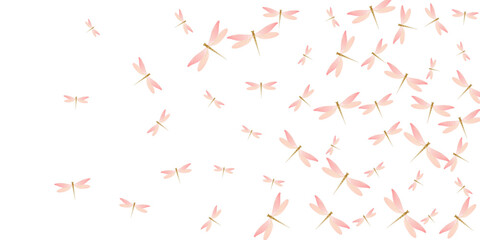 Fototapeta na wymiar Tropical rosy pink dragonfly flat vector wallpaper. Spring vivid insects. Wild dragonfly flat baby illustration. Delicate wings damselflies patten. Tropical beings