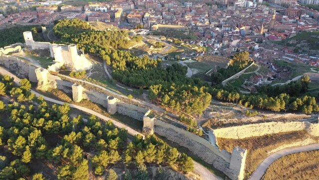 Picturesque aerial view of remains of ancient moorish Ayub Castle with fortification walls on top of green hill above Spanish city of Calatayud in province of Zaragoza on sunny spring day. High