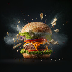 Exploding burger with vegetables and melted cheese on black background - Generated by Generative AI - obrazy, fototapety, plakaty