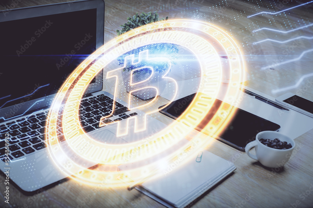 Aufkleber Double exposure of blockchain and crypto economy theme hologram and table with computer background. Concept of bitcoin cryptocurrency.