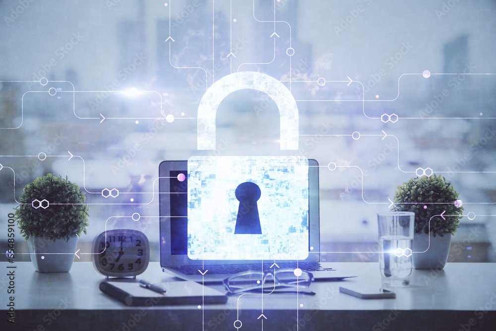 Poster Double exposure of desktop with computer and lock icon hologram. Concept of data safety.