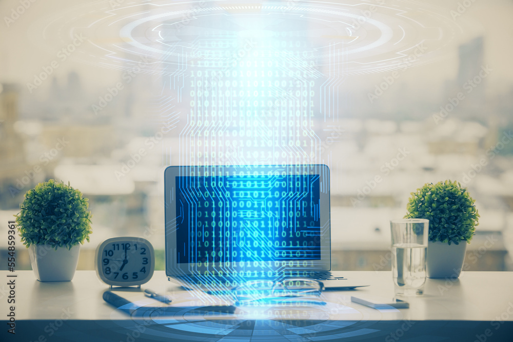 Aufkleber Double exposure of table with computer on background and data theme drawing. Concept of innovation.