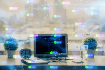 Fototapeta premium Double exposure of table with computer on background and data theme drawing. Concept of innovation.