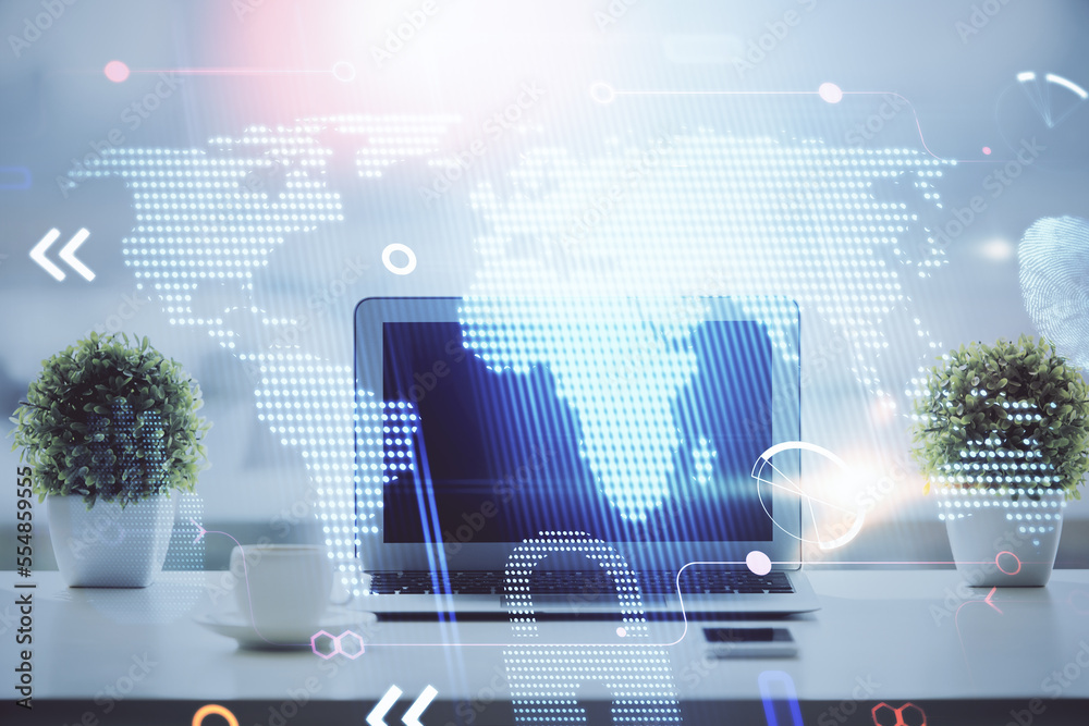 Poster Double exposure of desktop with computer and world map hologram. International data network concept.