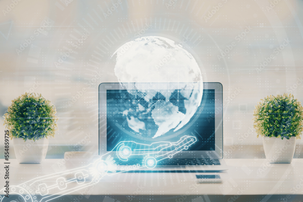 Poster Double exposure of desktop with computer and world map hologram. International data network concept.