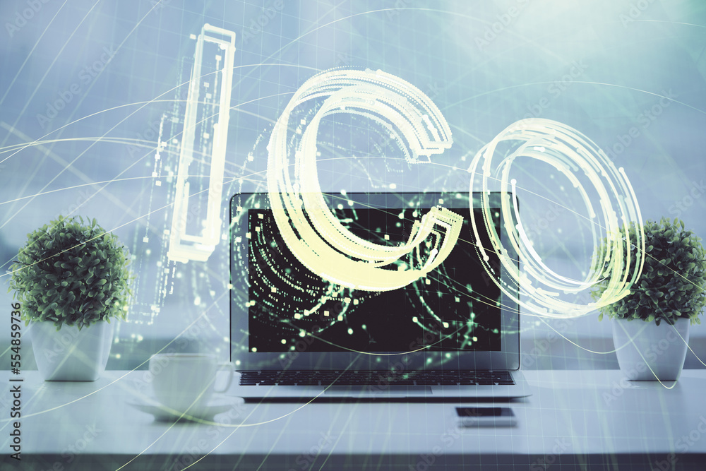 Poster Double exposure of blockchain and crypto economy theme hologram and table with computer background. Concept of bitcoin cryptocurrency.