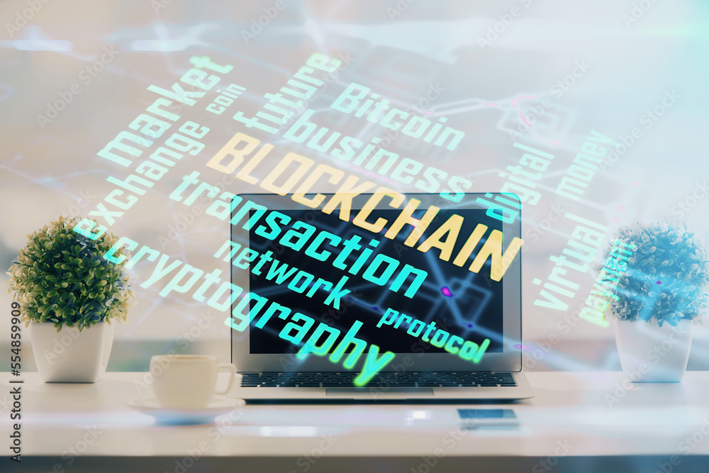 Poster double exposure of blockchain and crypto economy theme hologram and table with computer background. 