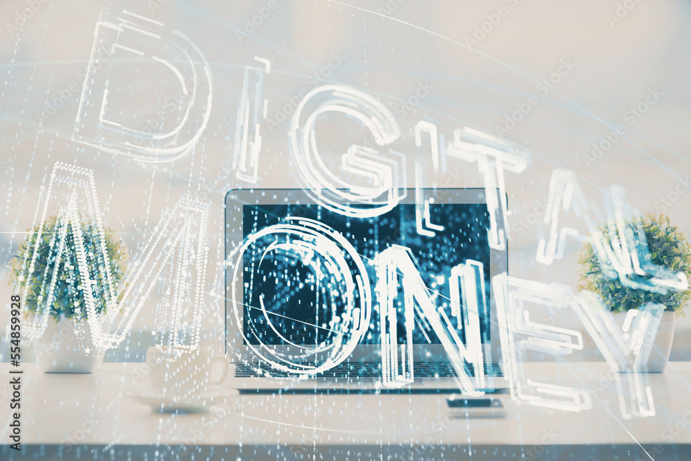 Aufkleber Double exposure of blockchain and crypto economy theme hologram and table with computer background. Concept of bitcoin cryptocurrency.