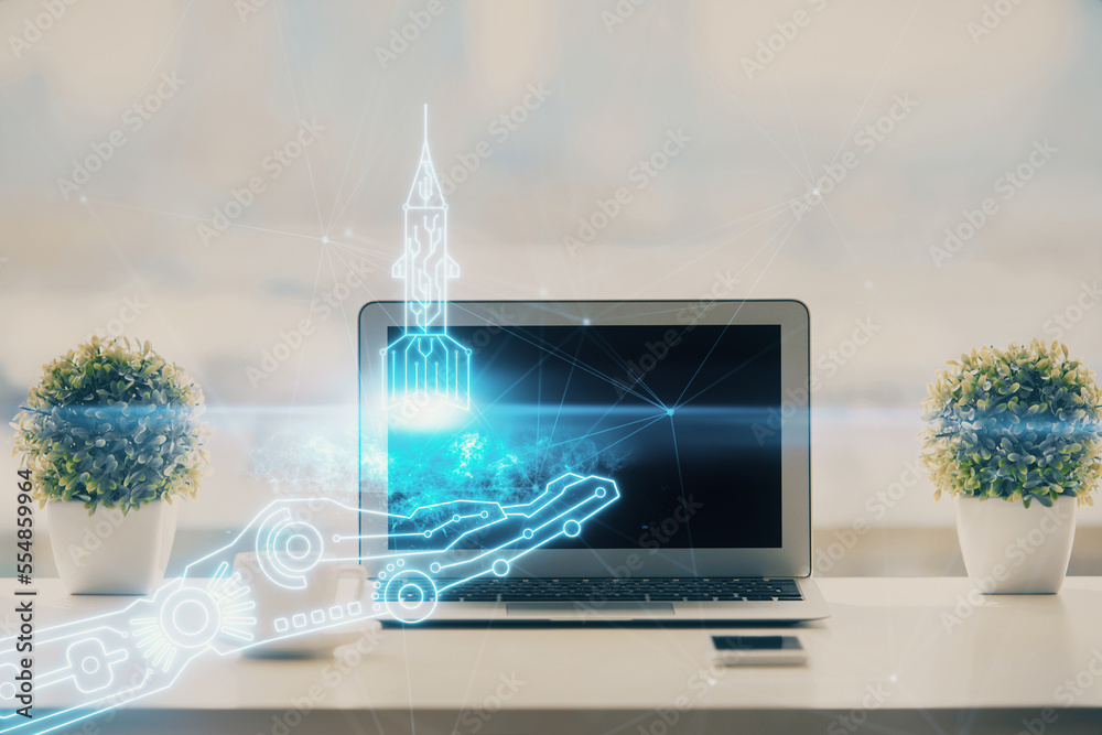 Poster desktop computer background in office and start up theme hologram drawing. double exposure. startup 