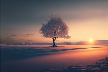 Fototapeta na wymiar a lonely tree without leaves in the snow, beautiful winter sunrise, ai gen