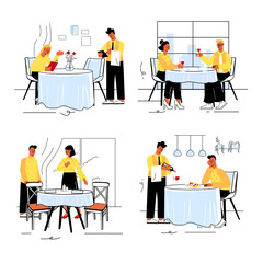 Restaurant concept set in flat line design. Men and women order from menu to waiter, have lunch and drink. Friendly meetings and dates in cafe. Illustration with outline colorful web scenes
