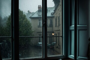in the morning, Rainy day seen from a window , AI gen