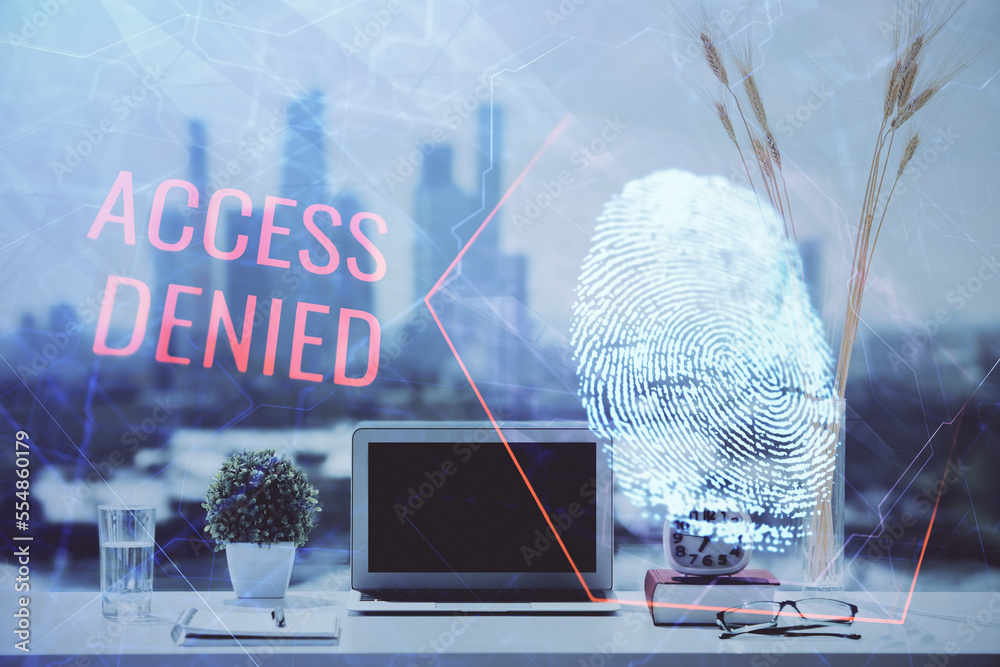 Poster Computer on desktop in office with finger print drawing. Double exposure. Concept of business data security.